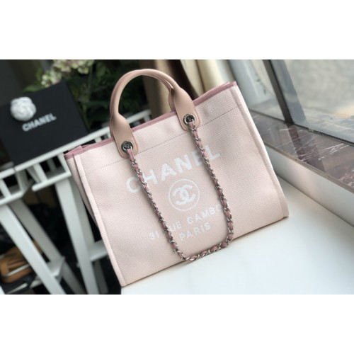 Chanel A66941 Shopping Bag Pink Mixed Fibers With White Print and Calfskin