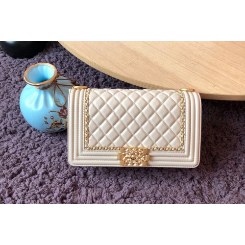 Chanel A67086 Boy Handbags in White Calfskin and Gold-Tone Metal