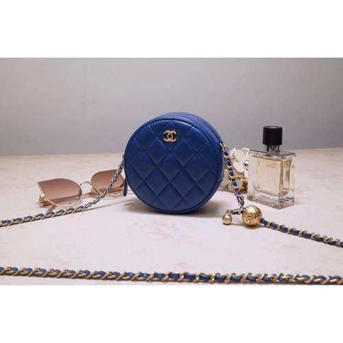 Chanel AS1898 Small Round Bag in Blue Shiny Lambskin