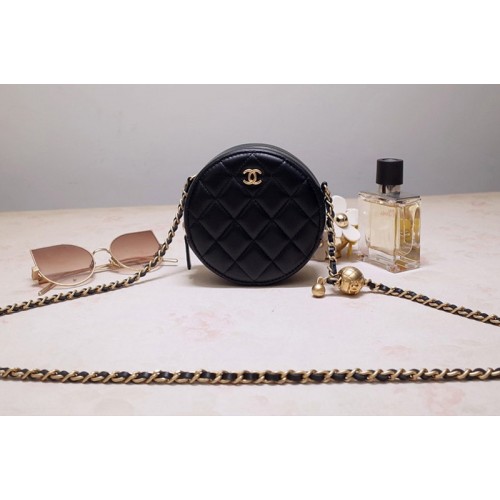 Chanel AS1898 Small Round Bag in Black Shiny Lambskin