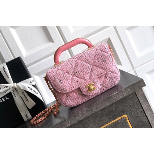 Chanel AS5805 Mini Flap Bag With Top Handle In Pink Tweed Chanel AS5805 Mini Flap Bag With Top Handle In Pink Tweed