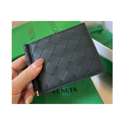 Bottega Veneta Intrecciato Bill Clip Wallet in Dark Green Light Blue Leather