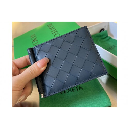 Bottega Veneta Intrecciato Bill Clip Wallet in Dark Blue Leather