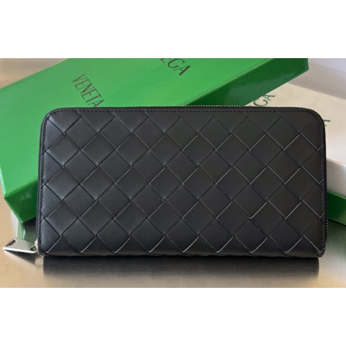 Bottega Veneta Intrecciato Zip Around Wallet in Black Green Leather