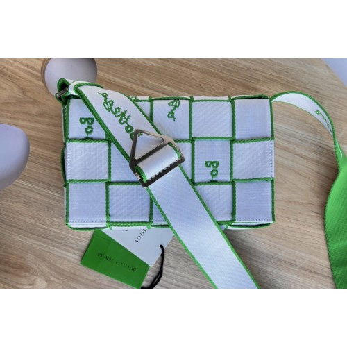 Bottega Veneta Small intreccio reverse logo webbing cross-body bag in White Polyester