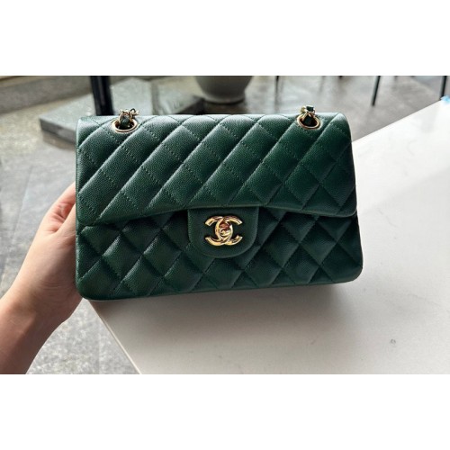 Chanel A01113 Small Classic Handbag in Green Grained Calfskin