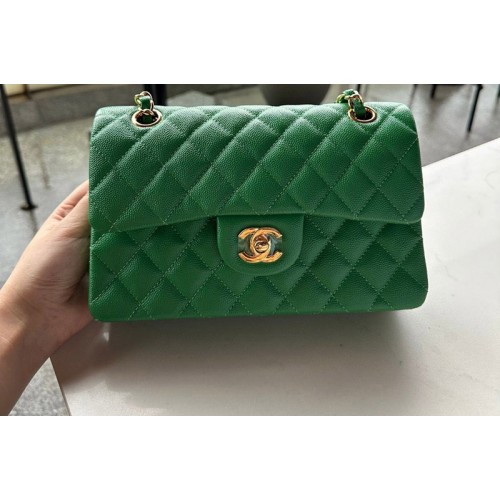 Chanel A01113 Small Classic Handbag in Green Grained Calfskin