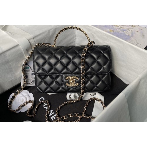 Chanel AS4924 Mini Flap Bag With Top Handle In Black Shiny Lambskin