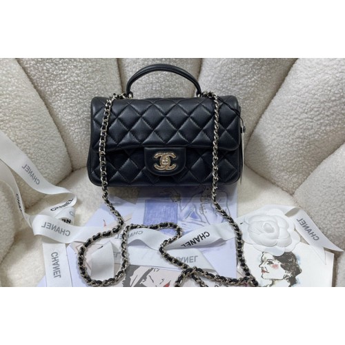 Chanel AS2431 Mini Classic Handbag with Top Handle in Black Lambskin