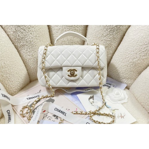 Chanel AS2431 Mini Classic Handbag with Top Handle in White Lambskin