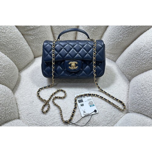 Chanel AS2431 Mini Classic Handbag with Top Handle in Navy Blue Lambskin
