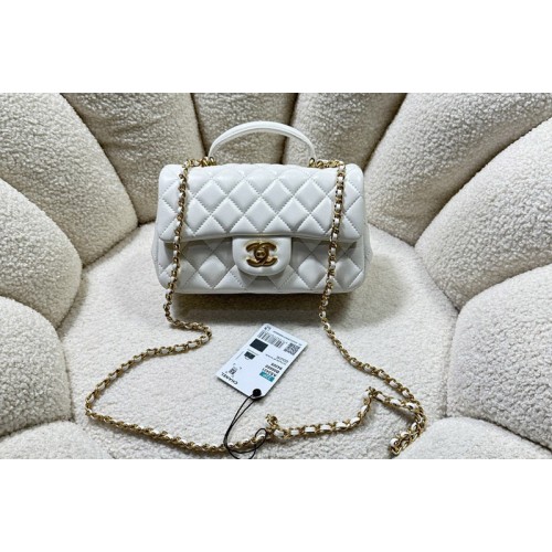 Chanel AS2431 Mini Classic Handbag with Top Handle in White Lambskin