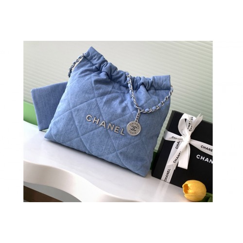 Chanel 22 Small Handbag AS3260 in Blue Denim