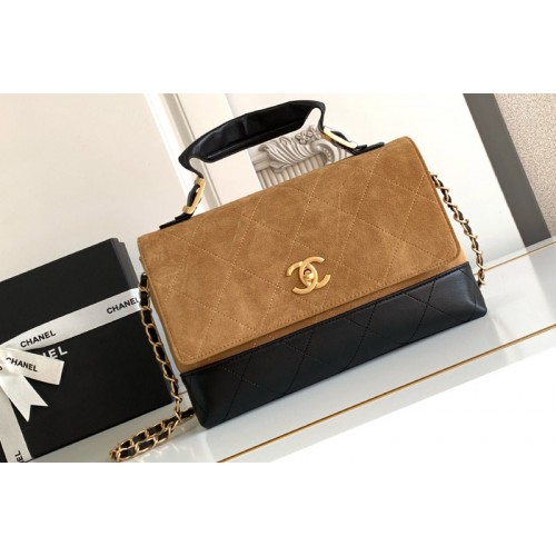 Chanel AS5637  Large Flap Bag With Top Handle in Beige/Black Suede