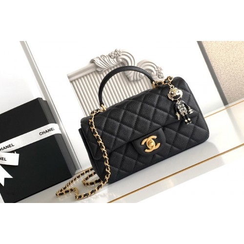 Chanel Mini Flap Bag With Top Handle In Black Leather