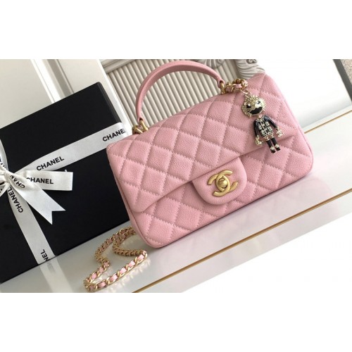 Chanel Mini Flap Bag With Top Handle In Pink Leather