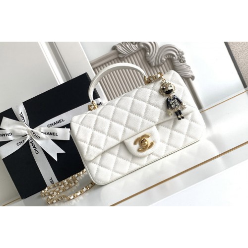 Chanel Mini Flap Bag With Top Handle In White Leather