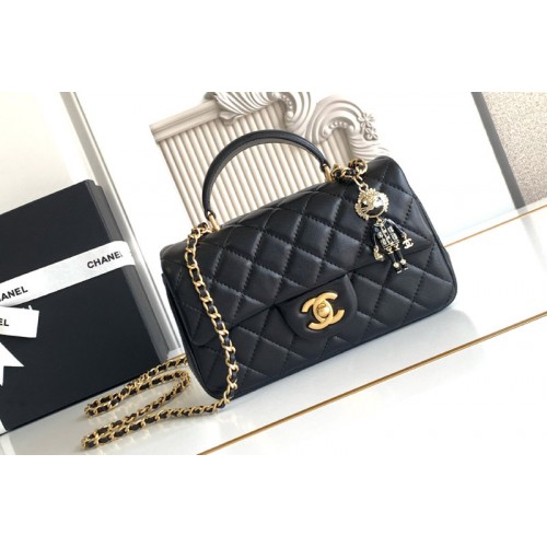 Chanel Mini Flap Bag With Top Handle In Black Leather