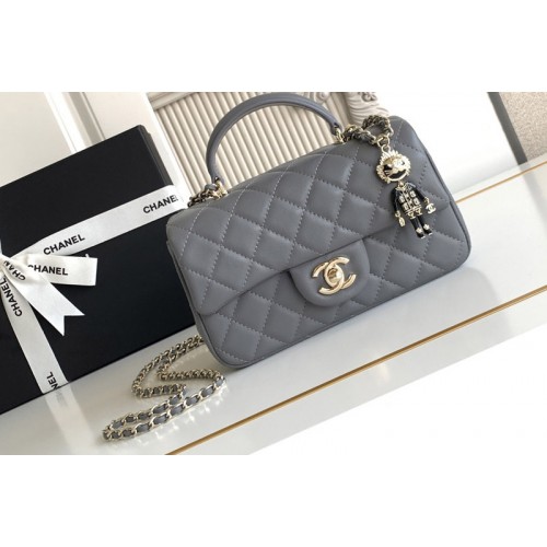 Chanel Mini Flap Bag With Top Handle In Dark Gray Leather