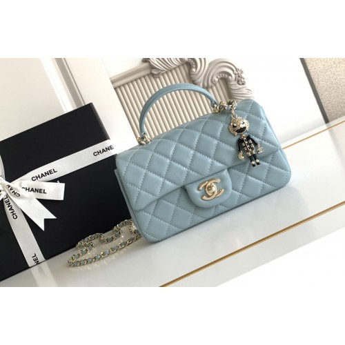 Chanel Mini Flap Bag With Top Handle In Blue Leather