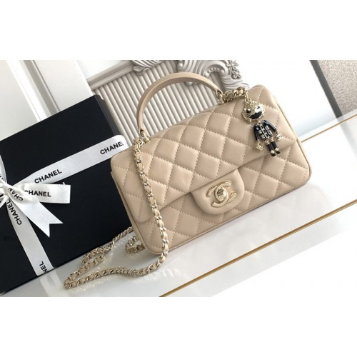 Chanel Mini Flap Bag With Top Handle In Beige Leather