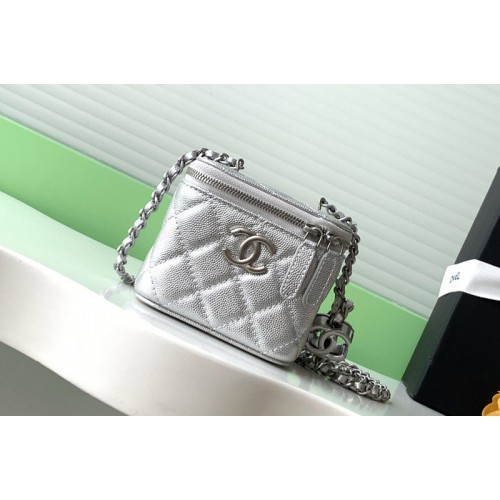 Chanel AP1340 Classic Small Vanity With Chain in Silver Leather