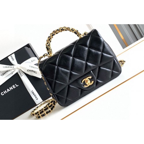 Chanel AS5032 Mini Flap Bag with Top Handle in Black Leather