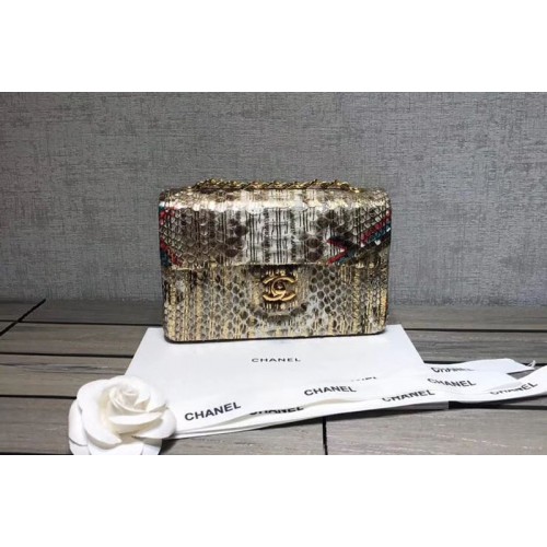 Chanel Flap Original Python Leather Shoulder Bag 1116 Gold Color