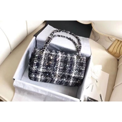 Chanel Classic Handbag Embroidered Tweed & Silver-Tone Metal A01112 Black