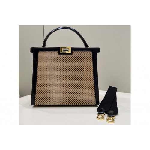 Fendi Peekaboo X-Lite Medium Perforated Leather Bag in Beige Black Leather