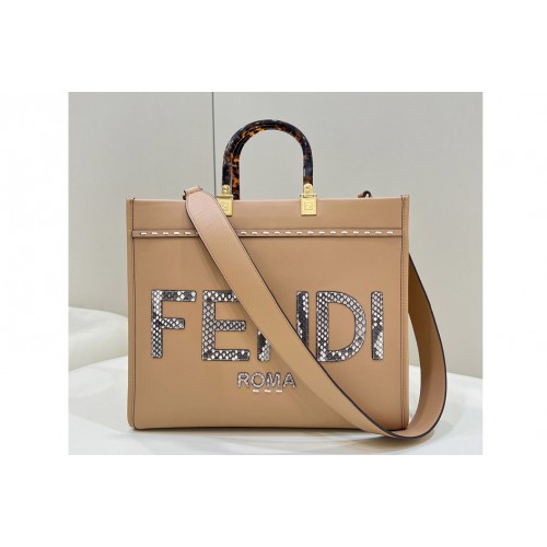 Fendi 8BH386 Fendi Sunshine Medium shopper Bag in Light Brown leather and elaphe