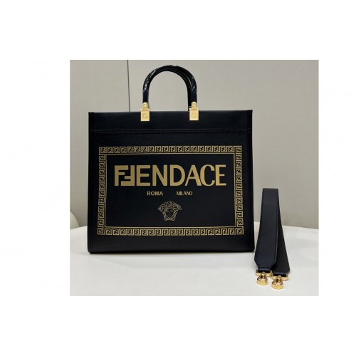 Fendi & 038  Versace 8BH386 Fendace Sunshine Medium shopper Tote Bag in Fendace Printed black leather Logo