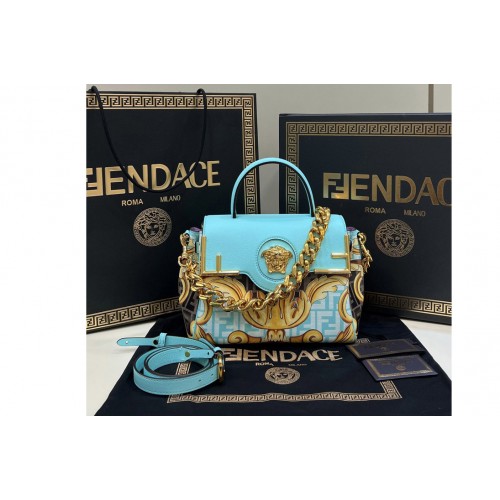 Fendi x Versace DBFI039 Fendace La Medusa Medium Handbag in Blue Leather with Fendace Gold Baroque print