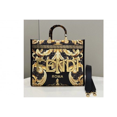 Fendi & 038  Versace 8BH386 Fendace Sunshine Medium Shopper Bag in Fendace Printed Black leather