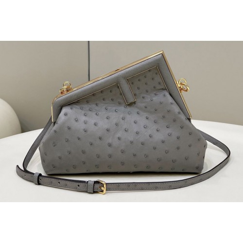 Fendi 8BP129 Fendi First Small Bag in Gray ostrich leather