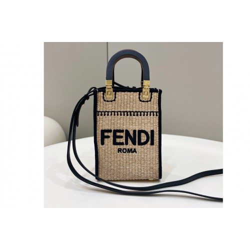 Fendi 8BS051 Mini Sunshine Shopper tote Bag in Beige raffia With Black