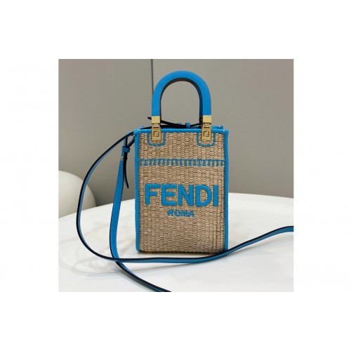 Fendi 8BS051 Mini Sunshine Shopper tote Bag in Beige raffia With Blue
