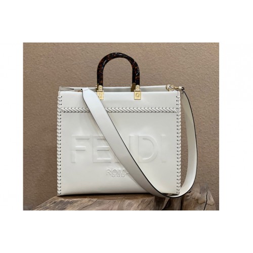 Fendi 8BH386 Medium Sunshine shopper Bag in White leather shopper with decorative stitching