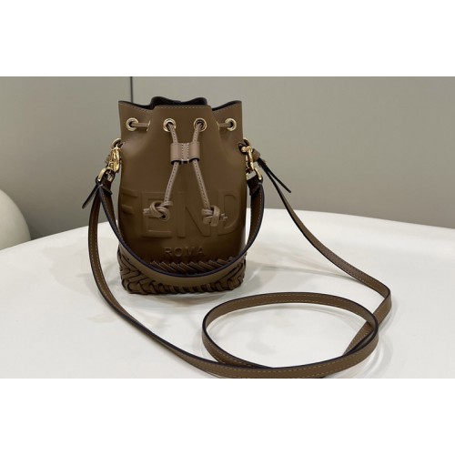 Fendi 8BR600 Small Mon Tresor bucket Mini bag in Brown leather with decorative stitching