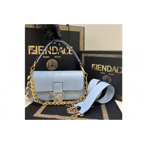 Fendi x Versace 8BS801 Brooch Baguette bag in Blue Leather