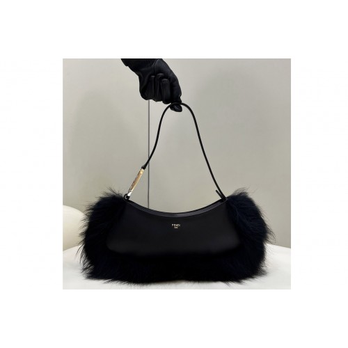Fendi 8BS068 OLock Swing pouch bag in Black leather and fox fur