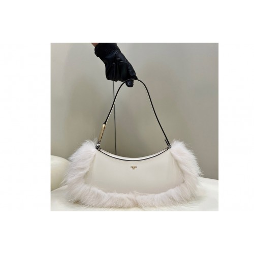 Fendi 8BS068 OLock Swing pouch bag in White leather and fox fur