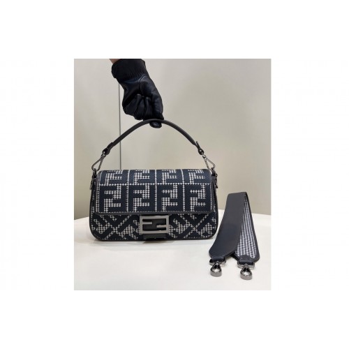 Fendi 8BS017 Baguette Mini bag in Blue houndstooth wool with FF embroidery