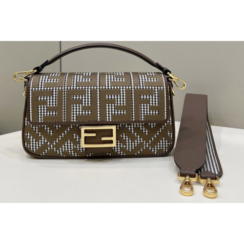 Fendi 8BR600 Baguette medium bag in Brown houndstooth wool with FF embroidery