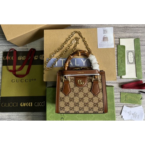 Gucci Diana mini bag in Camel and ebony canvas with crystals