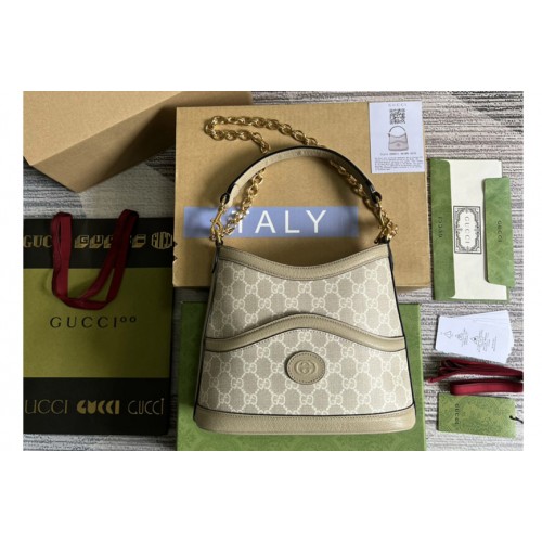 Gucci ‎ Large shoulder bag with Interlocking G in Beige and white Supreme canvas