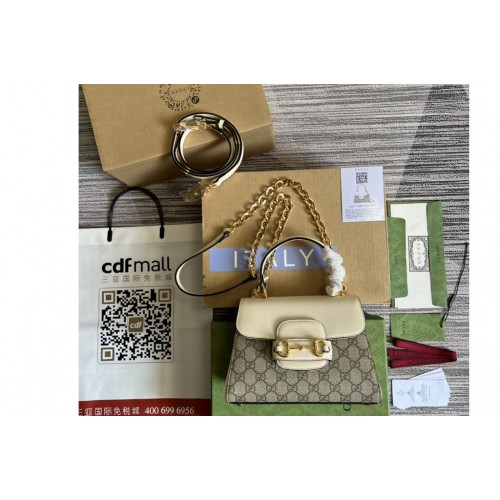 Gucci Horsebit 1955 mini bag in Beige and ebony Supreme canvas With White Leather Gucci Horsebit 1955 mini bag in Beige and ebony Supreme canvas With White Leather