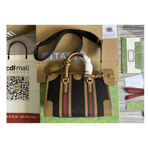 Gucci Bauletto Small top handle bag in Black Canvas With Brown Leather