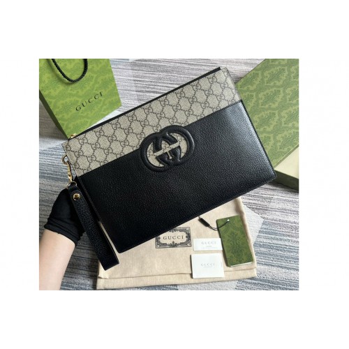 Gucci Pouch With Cut Out Interlocking G Bag in Beige and ebony Supreme canvas