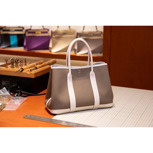 Hermes Garden Party 30 bag in Grey White Canvas and Leather